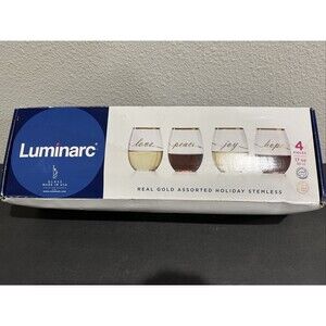 Luminarc Holiday Stemless Wine Glasses Christmas Love Peace Joy Hope Gold Trim
